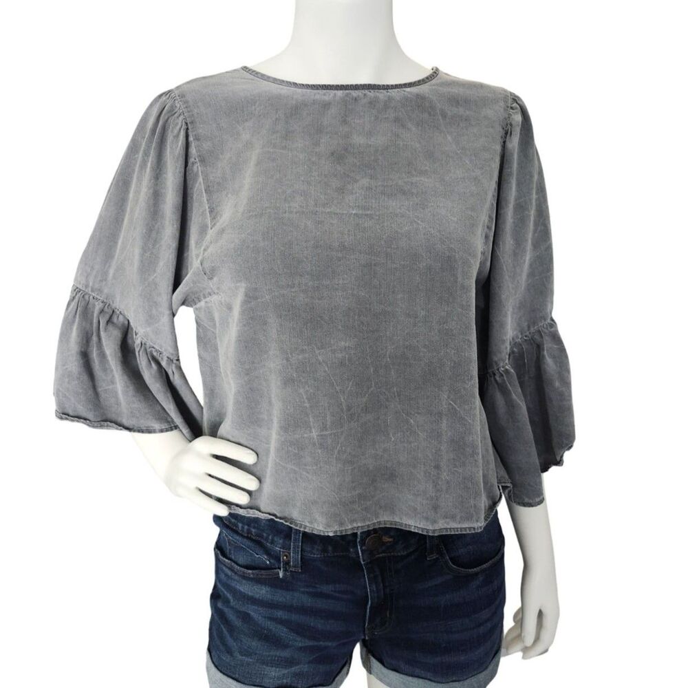 Hollister Grey Acid Wash Bell Sleeve Top Blouse Button Back Flounce